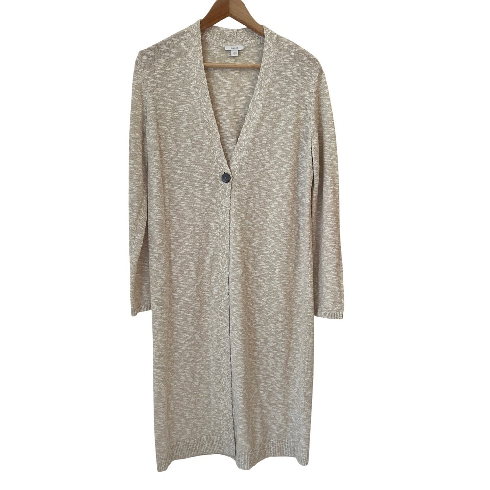J Jill Purejill Long Cardigan‎ Sweater Duster S One Button Oatmeal Marl Cotton
